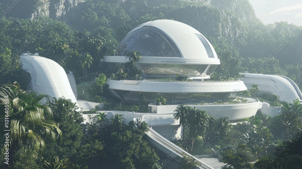 Futuristic Observatory with Dome Structure and Interactive Astronomy Exhibits in Lush Garden Setting - Photorealistic Architectural Concept Art