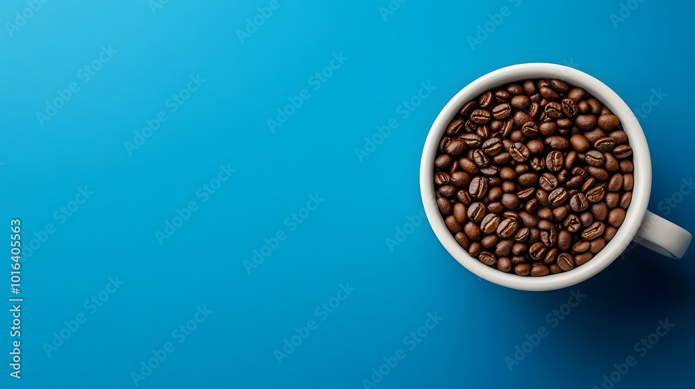 Top view of coffee beans in a white cup on a vibrant blue background, minimalist composition.. Top view of coffee beans in a white cup on a vibrant blue background, minimalist composition..