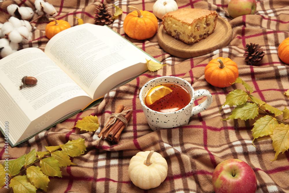 Hello autumn. Pumpkin, cup of tea, apple pie, autumn leaves, book on plaid. Happy Thanksgiving Hello autumn. Pumpkin, cup of tea, apple pie, autumn leaves, book on plaid. Happy Thanksgiving