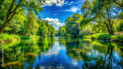 A gentle river flows through the verdant forest, bathed in sunlight beneath clear blue skies, reflecting the stunning greenery and serenity of the surroundings.