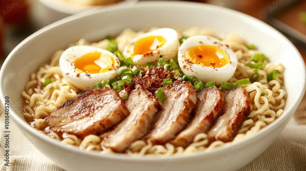 Creamy ramen noodles in a classic white bowl, topped with soft-boiled egg halves and grilled pork slices Creamy ramen noodles in a classic white bowl, topped with soft-boiled egg halves and grilled pork slices