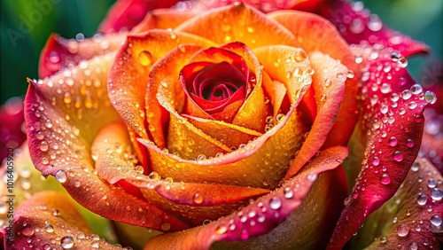A mesmerizing close-up of a lush rose blossom, glistening with fresh dew drops, beautifully framed by a gentle, softly blurred background that accentuates its beauty.