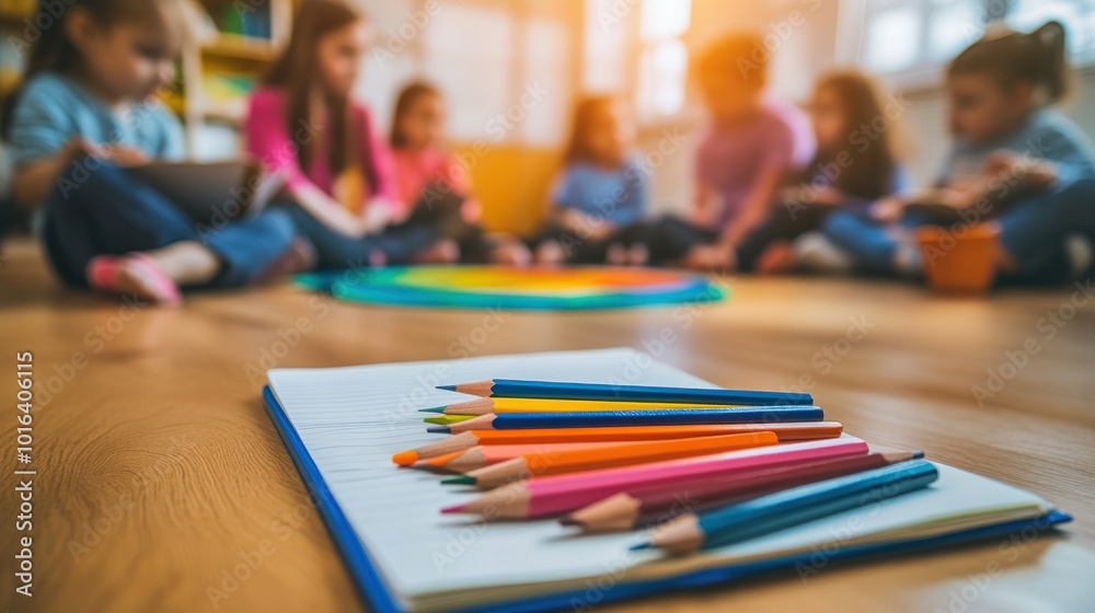 Children engaged in a creative activity with colored pencils and sketchbooks. Children engaged in a creative activity with colored pencils and sketchbooks.