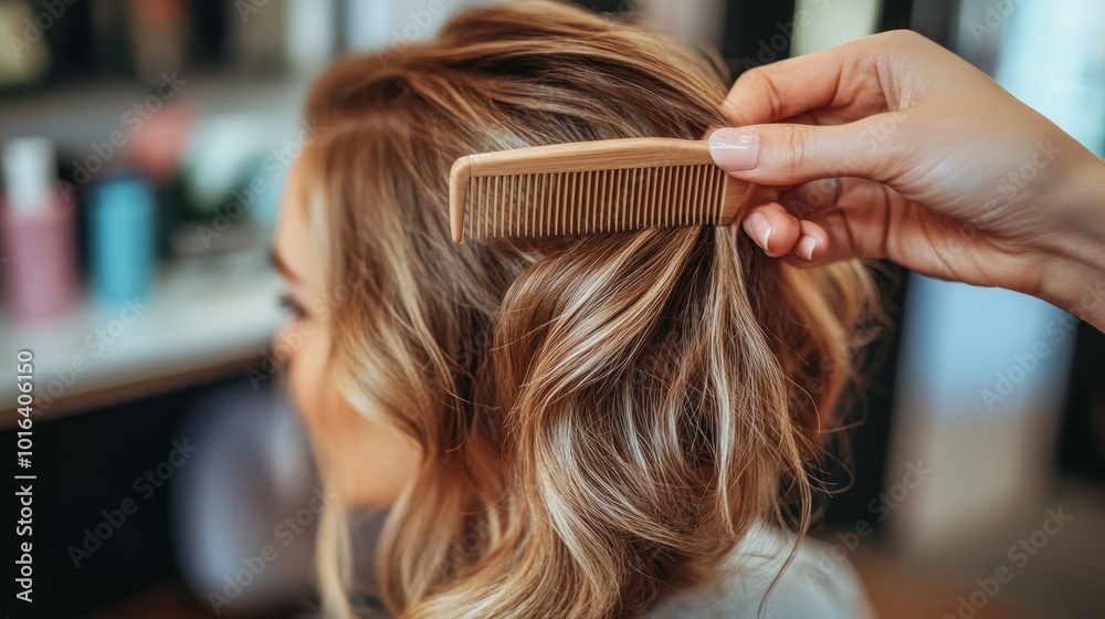 Fototapeta premium A hand combing wavy hair, showcasing a beauty routine in a salon setting.