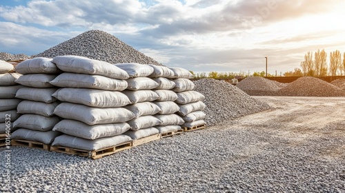 Piles of gravel and cement bags stacked, wide open area for copy space