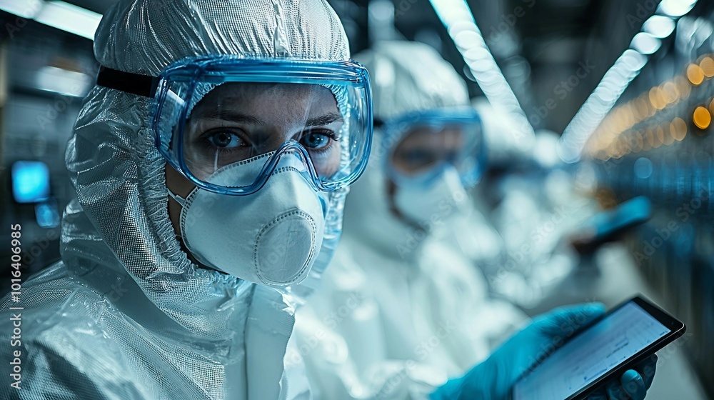 Scientist in Protective Gear Using Tablet in Lab Scientist in Protective Gear Using Tablet in Lab
