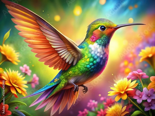 An enchanting representation of a hummingbird with striking, colorful plumage set against a floral background, harmonizing natureâ€™s splendor with an artistic flair and imagination. photo