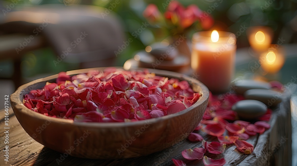 Serene Spa Setting with Rose Petals and Candles Serene Spa Setting with Rose Petals and Candles