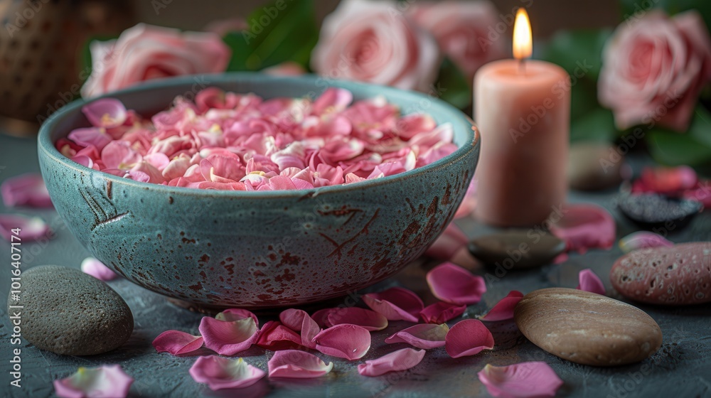 Elegant Bowl of Rose Petals with Candle and Stones Elegant Bowl of Rose Petals with Candle and Stones