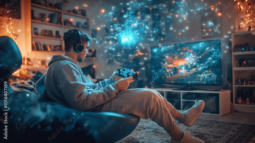 Naklejka premium Immerse Yourself in Gaming: The Magic of Virtual Worlds and Escapism in the Comfort of Your Home