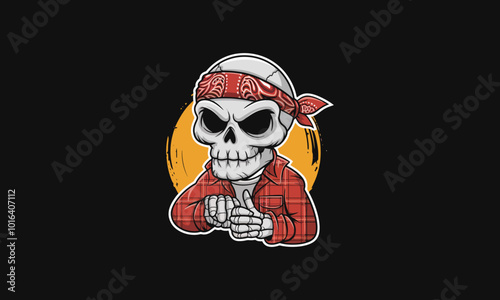 Skull character in plaid shirt with red bandana, grinning