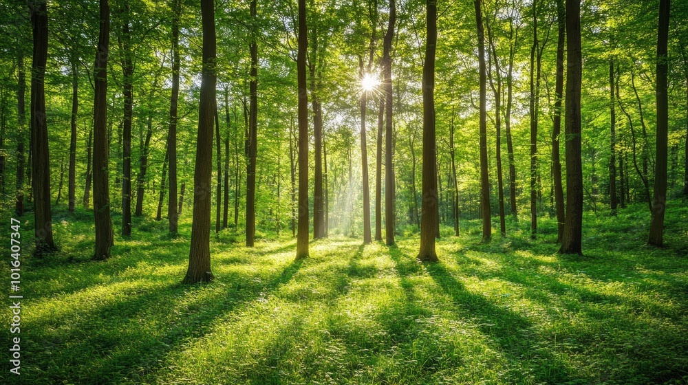 Sunlight streams through the canopy of a lush, green forest, casting long shadows on the forest floor. Sunlight streams through the canopy of a lush, green forest, casting long shadows on the forest floor.