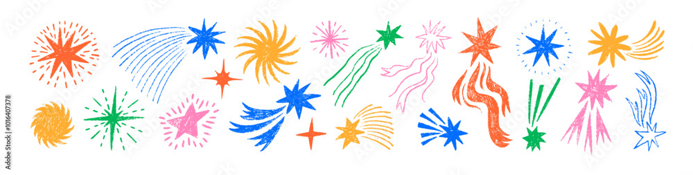 Childish style of meteoroid, comet and asteroid drawn with a crayon. Hand drawn sketch style colorful stars with tails.