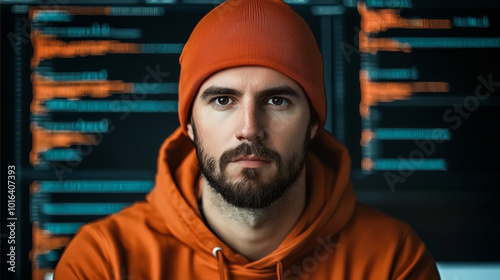 A focused male coder wearing an orange beanie and hoodie, working in a modern tech environment. The glow of computer screens highlights his concentration on coding tasks.