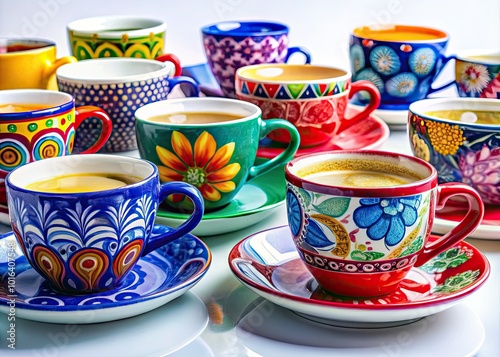 Artistic Drawings of Coffee Cups with Various Designs and Patterns on White Background