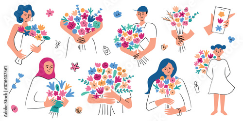 Vector illustration set of people holding colorful flower bouquets. Compositions for greeting cards. Flat cartoon style with doodle elements. Perfect for floral gift concepts, weddings, celebrations