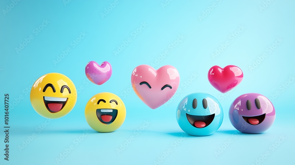 Five 3D emojis on a blue background, showing various expressions. Five 3D emojis on a blue background, showing various expressions.
