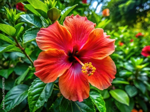 A striking hibiscus flower opens up with vibrant red petals, framed by lush green leaves, creating a stunning display of nature's beauty.