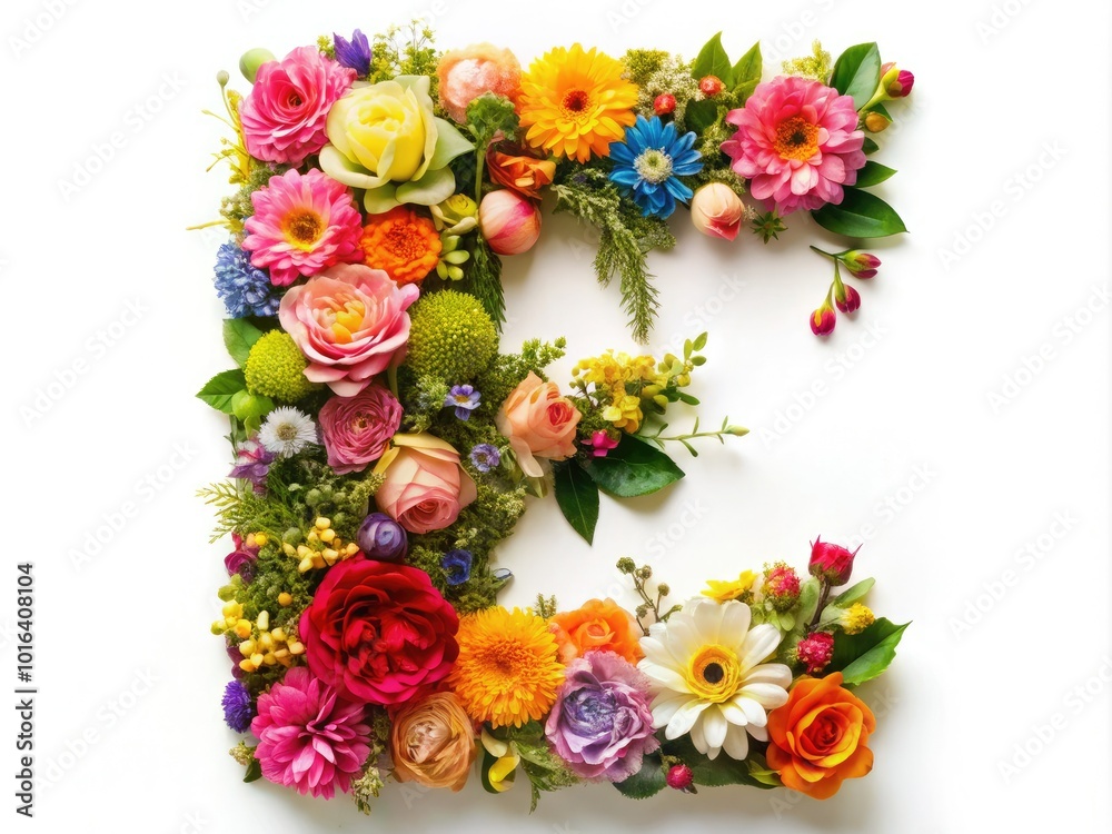 Obraz premium A stunning letter E featuring vivid floral arrangements and rich greenery, perfect for elevating creative projects and artistic designs with a touch of elegance.