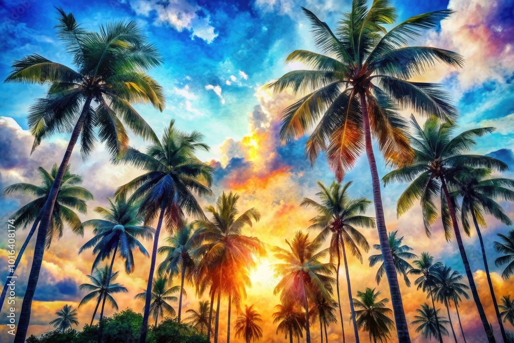 A stunning watercolor depicting palm trees under a bright blue sky, celebrating the beauty of a sunny day in an inviting tropical landscape. A stunning watercolor depicting palm trees under a bright blue sky, celebrating the beauty of a sunny day in an inviting tropical landscape.