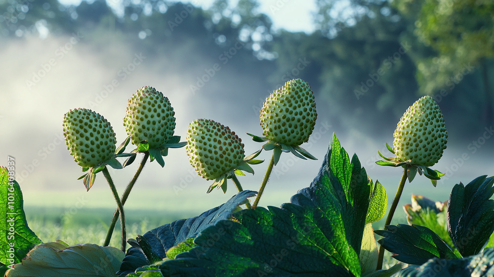 row of unripe green strawberries on plant, misty farm background