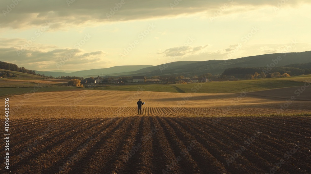 Fototapeta premium A lone figure stands in a vast agricultural landscape during sunset.