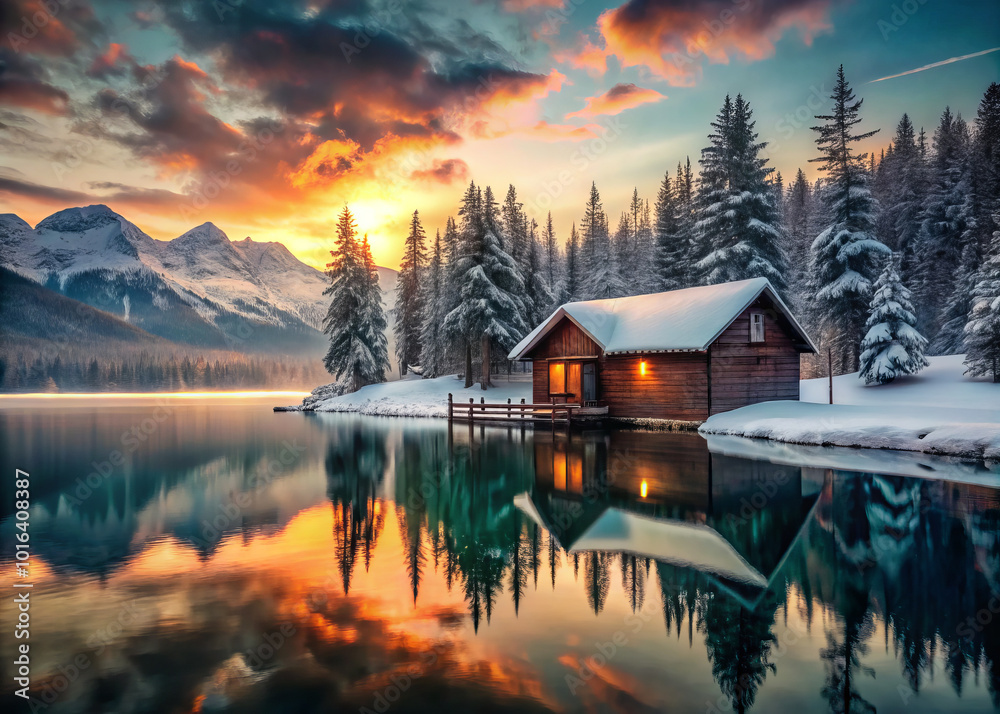 Fototapeta premium serene cabin in snow reflects beautifully on tranquil lake at sunset, surrounded by majestic mountains and tall evergreen trees. vibrant colors of sky create peaceful atmosphere
