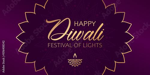 Golden text Happy Diwali, festival of lights and diya lamp on purple background with floral frame. Elegant festive banner design for hindu festival Diwali.