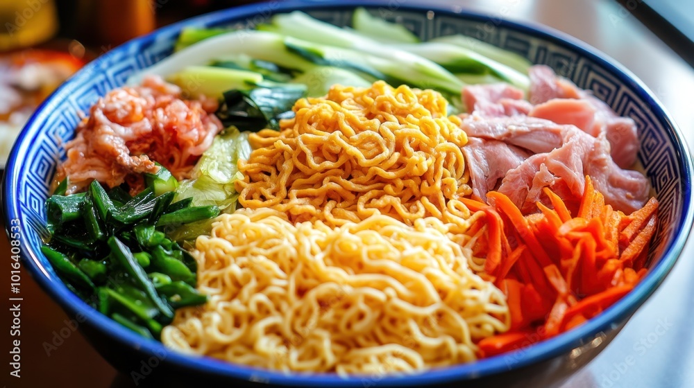 Golden noodles nestled in a deep bowl, surrounded by colorful vegetables and meat, ready to be devoured
