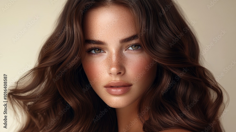 An elegant woman with thick and natural deep brown wavy hair, facing forward with a confident expression. The luxurious smooth texture and soft wave feel are perfect for high-end hair dye packaging. An elegant woman with thick and natural deep brown wavy hair, facing forward with a confident expression. The luxurious smooth texture and soft wave feel are perfect for high-end hair dye packaging.