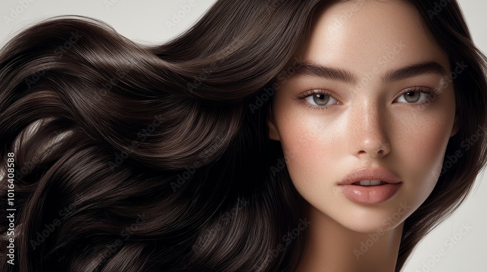 An elegant woman with thick and natural deep brown wavy hair, facing forward with a confident expression. The luxurious smooth texture and soft wave feel are perfect for high-end hair dye packaging. An elegant woman with thick and natural deep brown wavy hair, facing forward with a confident expression. The luxurious smooth texture and soft wave feel are perfect for high-end hair dye packaging.