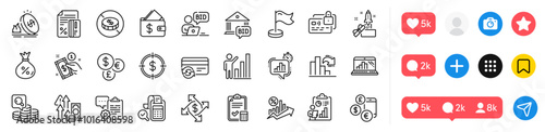 Currency rate, No cash and Dollar target line icons pack. Social media icons. Decreasing graph, Online auction, Wallet web icon. Change card, Loan, Report pictogram. Vector
