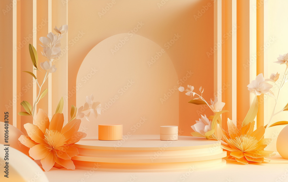 Cute Cartoon Vector Orange Background Mockup Featuring Lily Flowers and Arch Design Cute Cartoon Vector Orange Background Mockup Featuring Lily Flowers and Arch Design