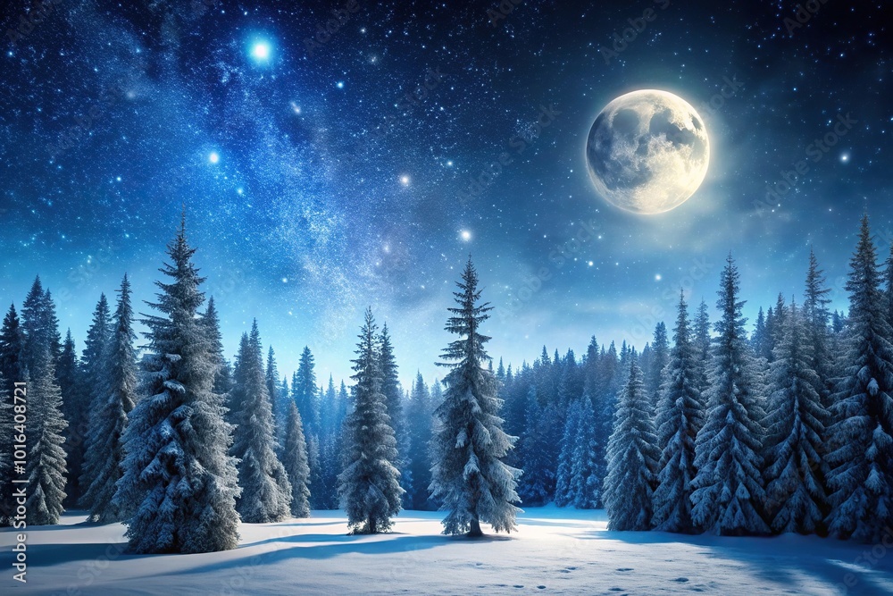 Panoramic abstract winter forest with tall trees under starry night sky and large moon Panoramic abstract winter forest with tall trees under starry night sky and large moon