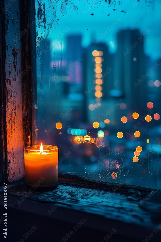 A single burning candle on a rustic windowsill, its soft, flickering light casting warm shadows in the room. Outside the window, a sprawling cityscape. A single burning candle on a rustic windowsill, its soft, flickering light casting warm shadows in the room. Outside the window, a sprawling cityscape.