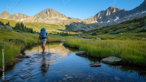 A hiker traverses a stream in a mountainous landscape during a clear day.