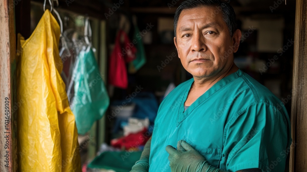 Fototapeta premium A healthcare worker in a green uniform stands in a cluttered workspace, ready for duty.