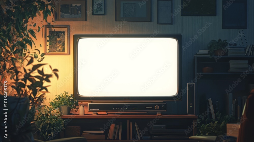 The interior design of the modern living room features a large TV on the bookshelf, with a blank white screen suitable for customizing content. Warm atmosphere, minimalist design The interior design of the modern living room features a large TV on the bookshelf, with a blank white screen suitable for customizing content. Warm atmosphere, minimalist design