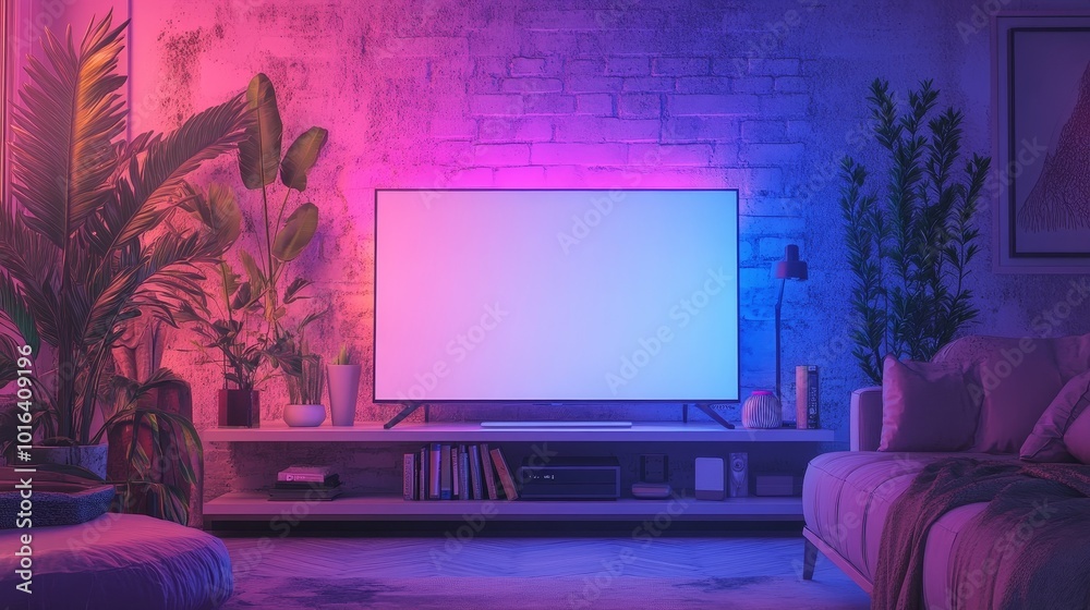 The interior design of the modern living room features a large TV on the bookshelf, with a blank white screen suitable for customizing content. Warm atmosphere, minimalist design The interior design of the modern living room features a large TV on the bookshelf, with a blank white screen suitable for customizing content. Warm atmosphere, minimalist design