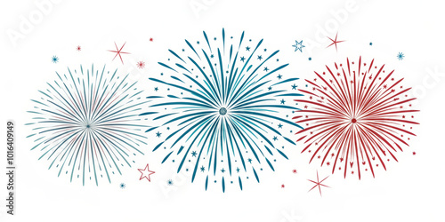 Bright and colorful fireworks in blue, red, and white create festive atmosphere, perfect for celebrations and events. vibrant bursts and star shapes add excitement and joy to any occasion
