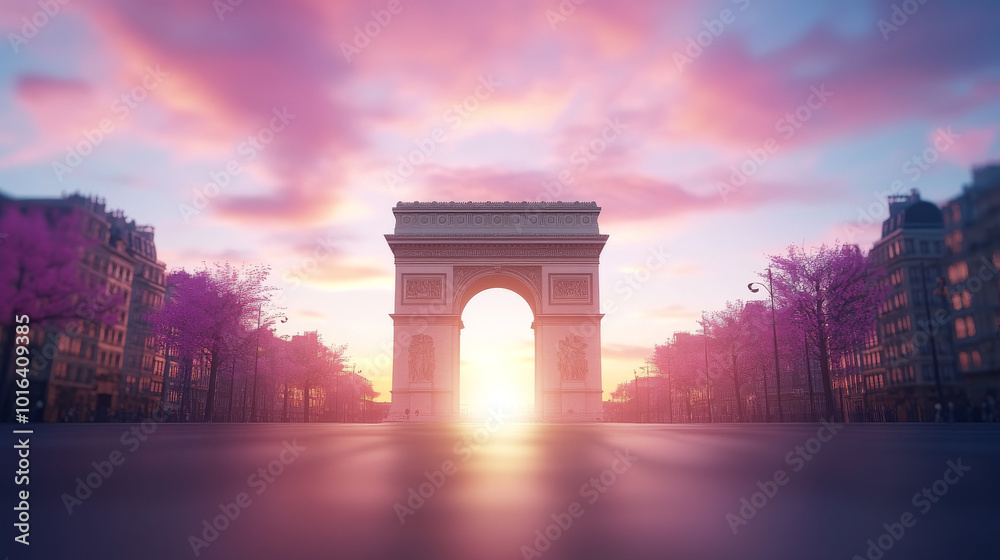 A majestic archway stands tall against a breathtaking sunset, casting a warm glow over the Parisian street. A majestic archway stands tall against a breathtaking sunset, casting a warm glow over the Parisian street.