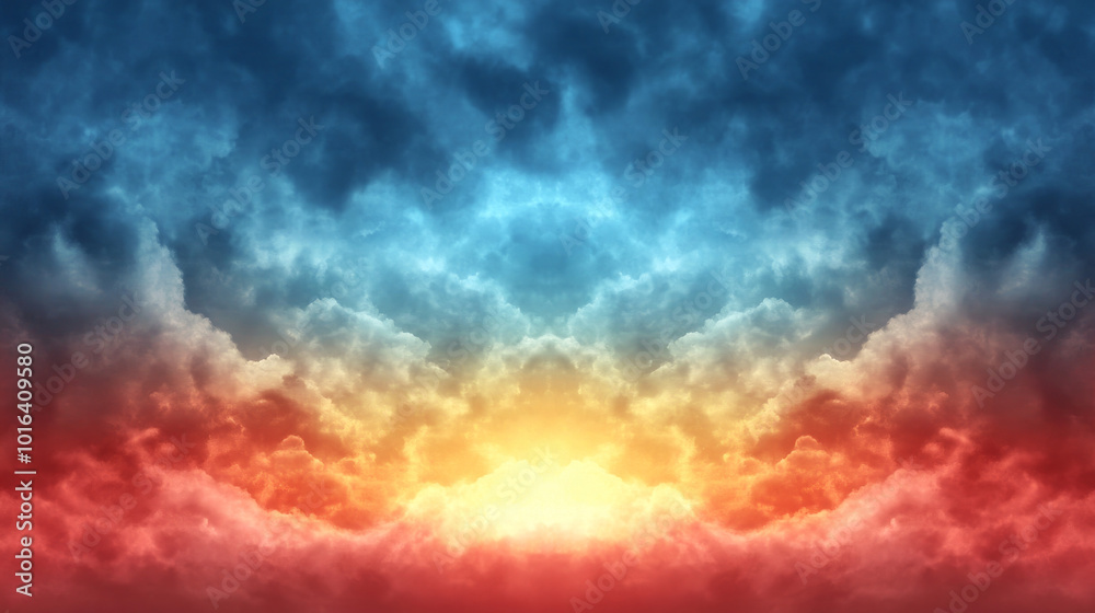 Fototapeta premium A dramatic sky with vibrant blue, yellow, and red clouds.