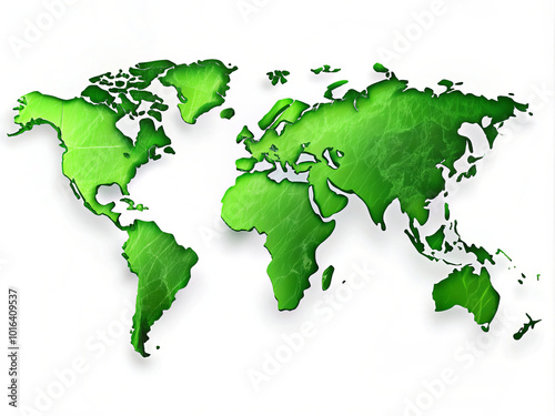 vibrant green world map showcasing continents in lush, eco friendly design. This illustration emphasizes environmental awareness and sustainability