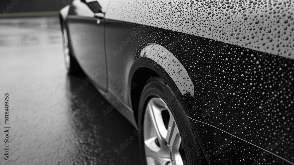 Black Car Covered in Raindrops After Rain Black Car Covered in Raindrops After Rain
