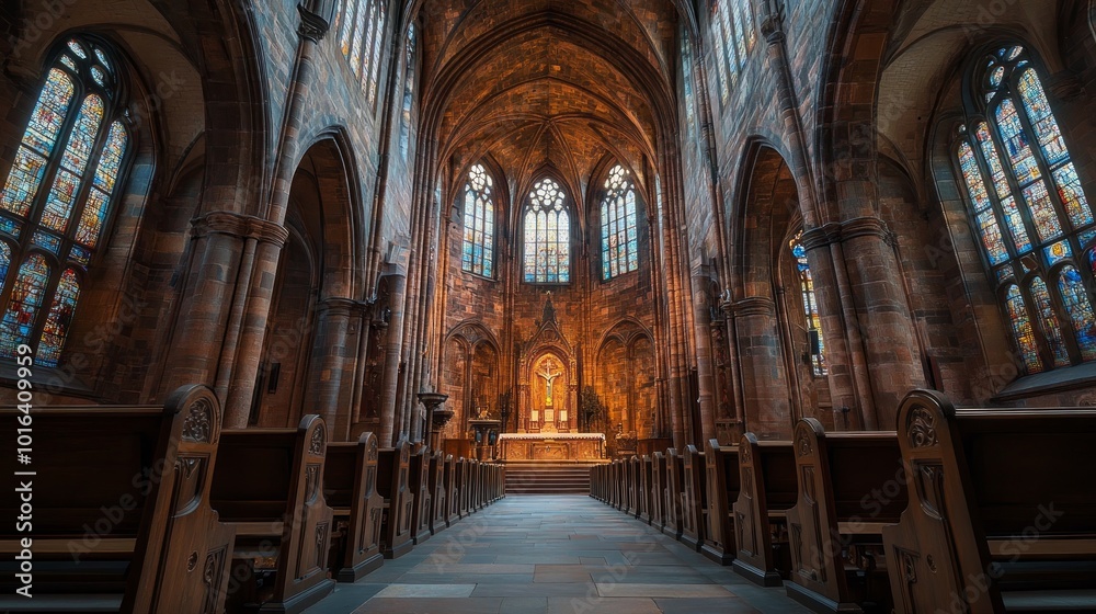 The interior of a church with wooden pews, stained glass windows, and an altar at the end of the aisle.