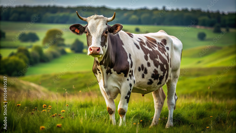 cow stands gracefully on grassy field, surrounded by lush greenery and wildflowers, embodying serene beauty of rural life cow stands gracefully on grassy field, surrounded by lush greenery and wildflowers, embodying serene beauty of rural life