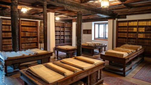 Rows of old South Asian texts in a traditional study room, wooden furniture and soft lighting, copy space