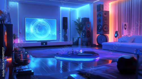 Modern Smart Living Room with Ambient Lighting, High-End Audio System, and Sleek Entertainment Setup for Ultimate Relaxation