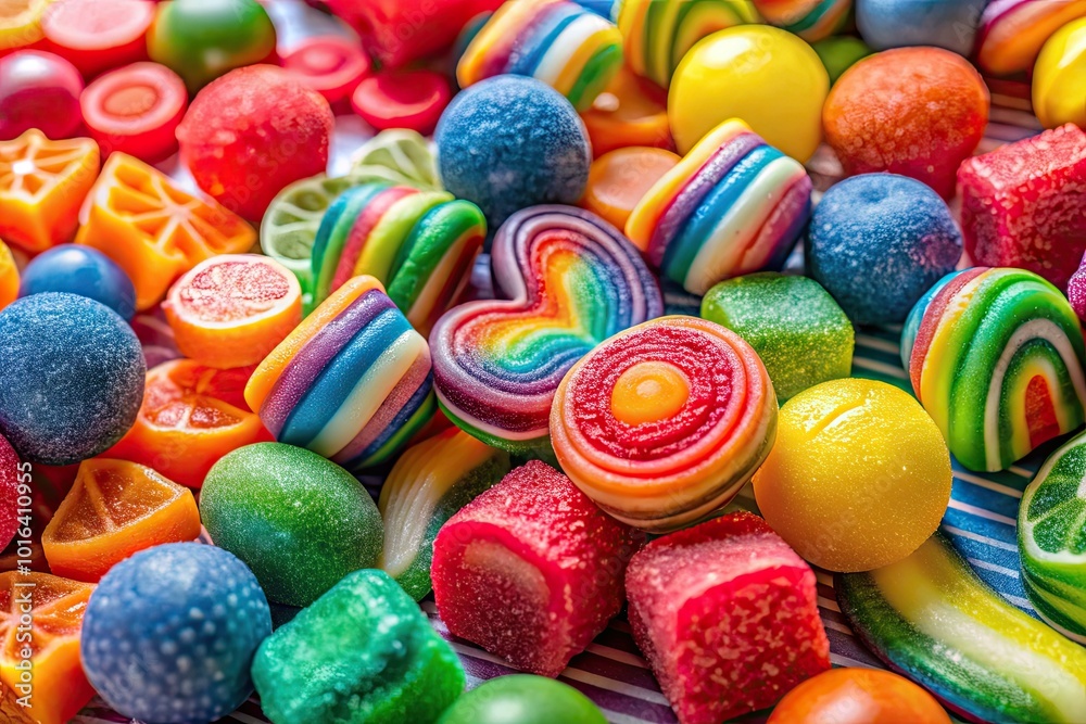 Fototapeta premium Brightly colored candies in fun shapes and sizes create a joyful scene, perfect for satisfying your cravings and adding delight to any sweet celebration.