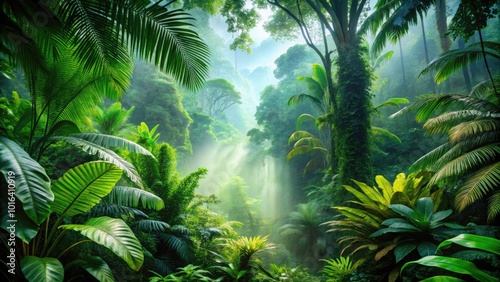 Vibrant green foliage of a lush rainforest with misty atmosphere, dense undergrowth, and varied leaf shapes, perfect for natural, earthy, and serene background designs.